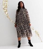 New Look Curves Black Animal Print Chiffon High Neck Long Sleeve Pleated Midi Dress